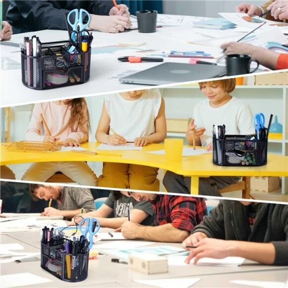 Black mesh pen holder desk organizer with drawer pencil and marker storage caddy - Picture 7 of 8